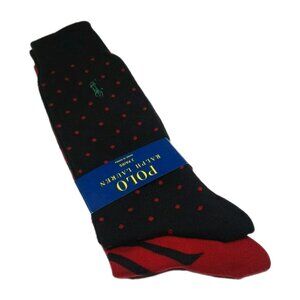 Polo Ralph Lauren Men's Dress Socks Polka Dot & Striped 2 Pair Black & Red 10-13